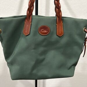 Green Canvas Tote Bag with Brown Leather Accents